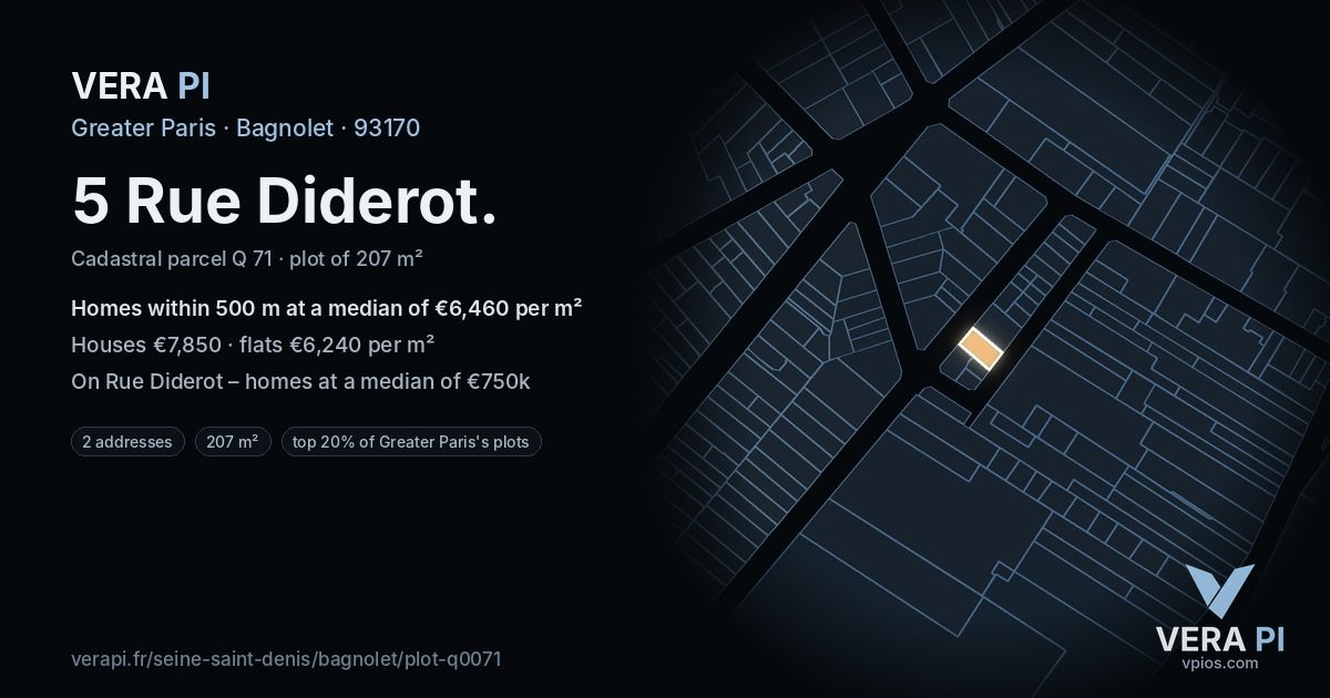 5 Rue Diderot, Bagnolet at night – the plot lit, the parcels around coloured by the prices near them