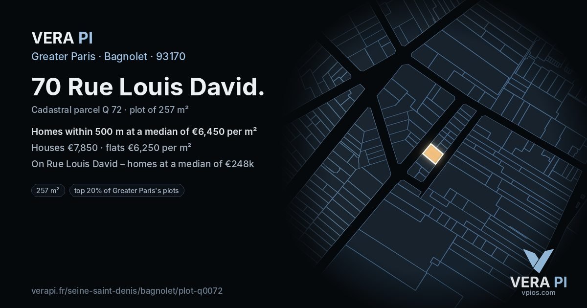 70 Rue Louis David, Bagnolet at night – the plot lit, the parcels around coloured by the prices near them
