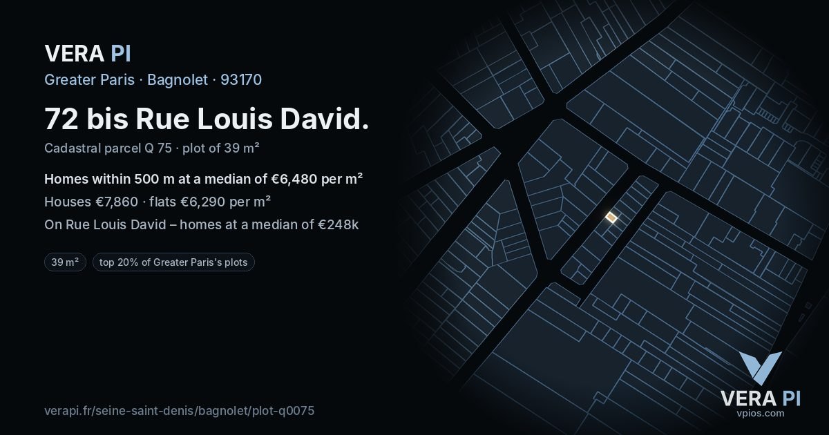 72 bis Rue Louis David, Bagnolet at night – the plot lit, the parcels around coloured by the prices near them