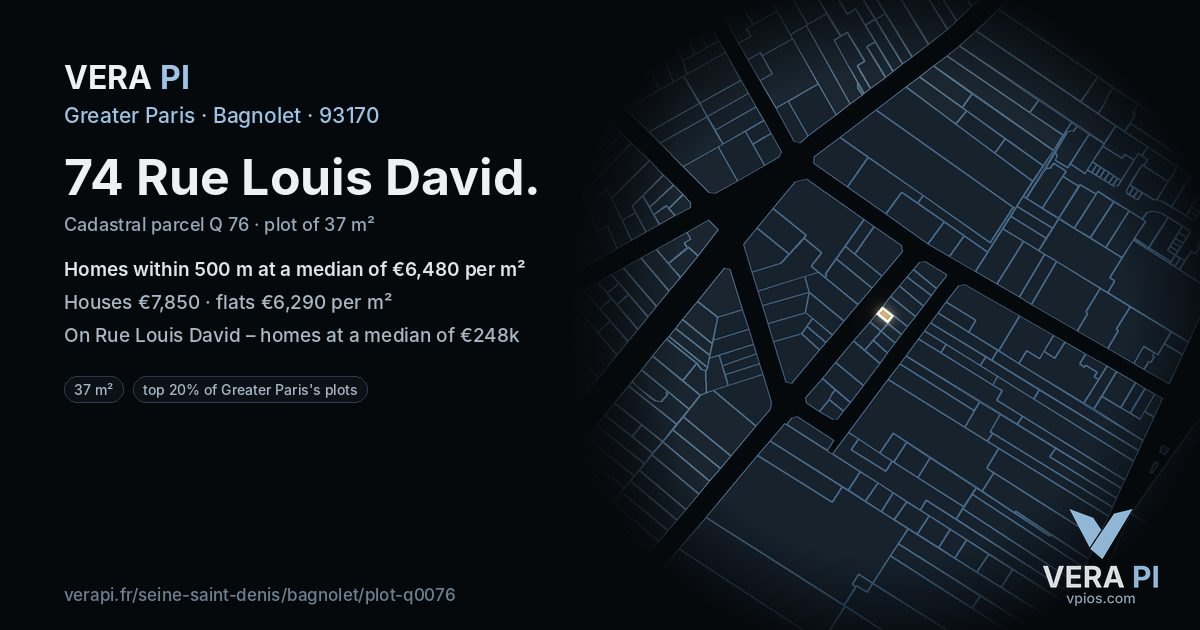 74 Rue Louis David, Bagnolet at night – the plot lit, the parcels around coloured by the prices near them