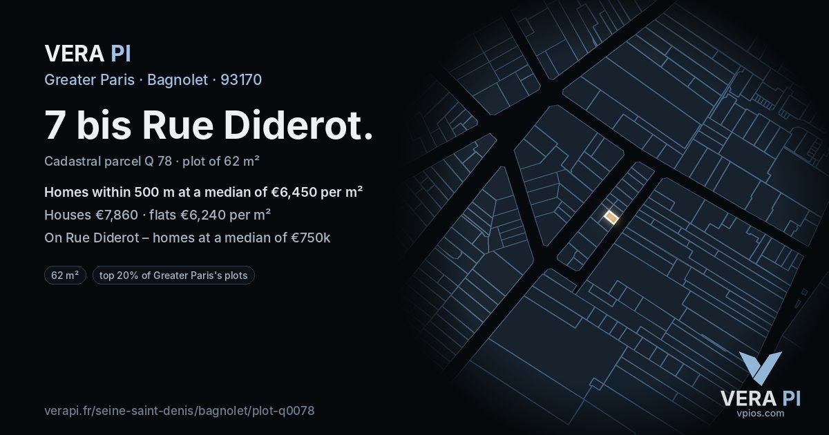 7 bis Rue Diderot, Bagnolet at night – the plot lit, the parcels around coloured by the prices near them