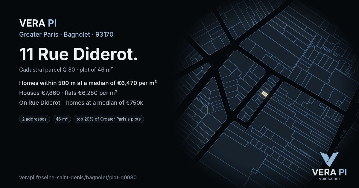 11 Rue Diderot, Bagnolet at night – the plot lit, the parcels around coloured by the prices near them