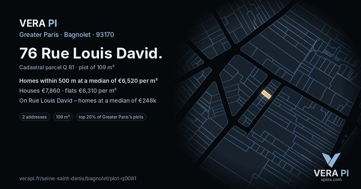 76 Rue Louis David, Bagnolet at night – the plot lit, the parcels around coloured by the prices near them