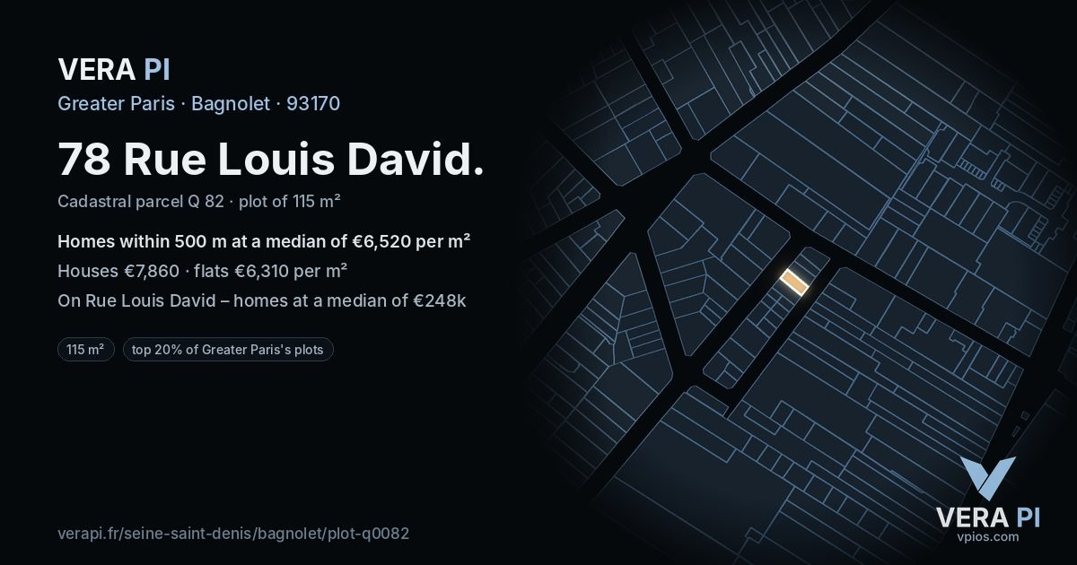 78 Rue Louis David, Bagnolet at night – the plot lit, the parcels around coloured by the prices near them