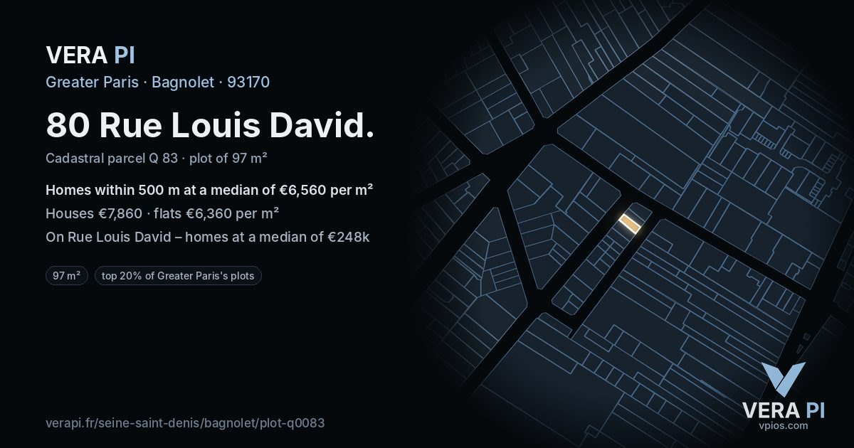 80 Rue Louis David, Bagnolet at night – the plot lit, the parcels around coloured by the prices near them