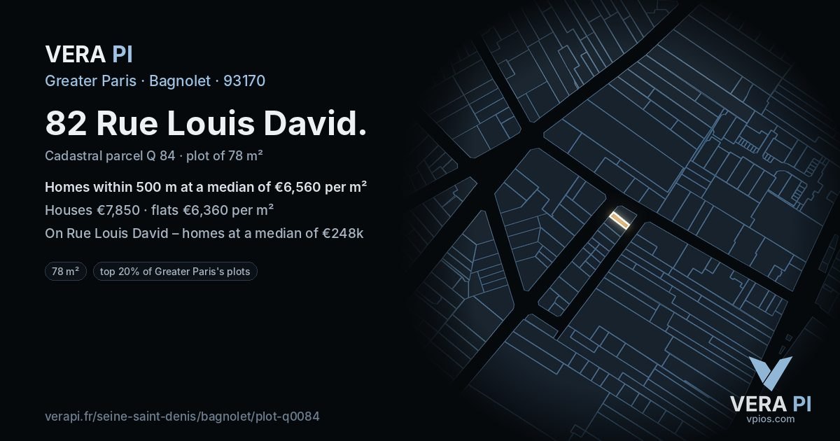 82 Rue Louis David, Bagnolet at night – the plot lit, the parcels around coloured by the prices near them