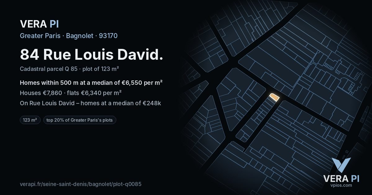84 Rue Louis David, Bagnolet at night – the plot lit, the parcels around coloured by the prices near them