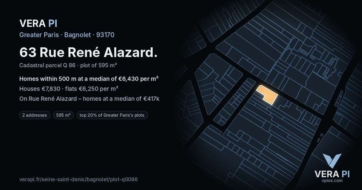 63 Rue René Alazard, Bagnolet at night – the plot lit, the parcels around coloured by the prices near them