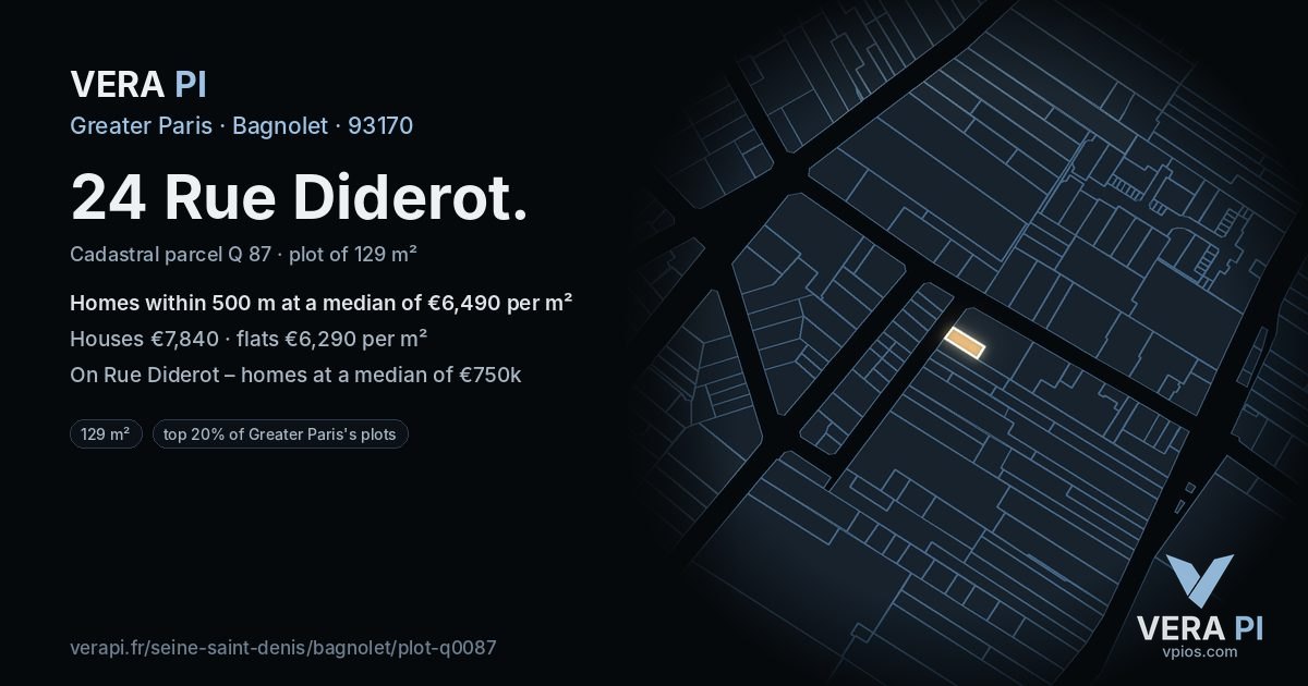 24 Rue Diderot, Bagnolet at night – the plot lit, the parcels around coloured by the prices near them