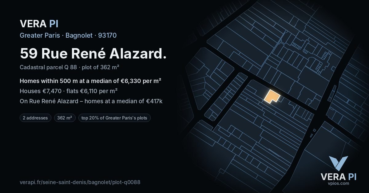 59 Rue René Alazard, Bagnolet at night – the plot lit, the parcels around coloured by the prices near them