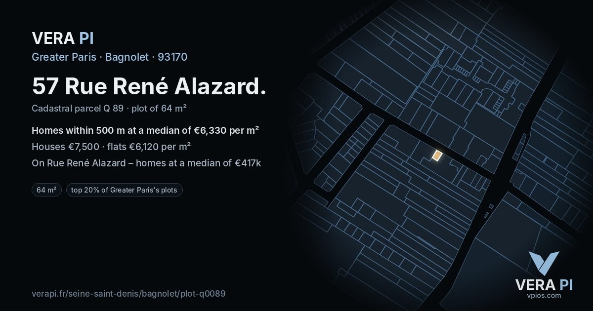 57 Rue René Alazard, Bagnolet at night – the plot lit, the parcels around coloured by the prices near them