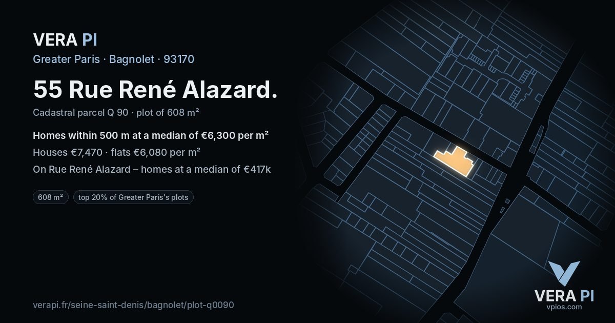 55 Rue René Alazard, Bagnolet at night – the plot lit, the parcels around coloured by the prices near them