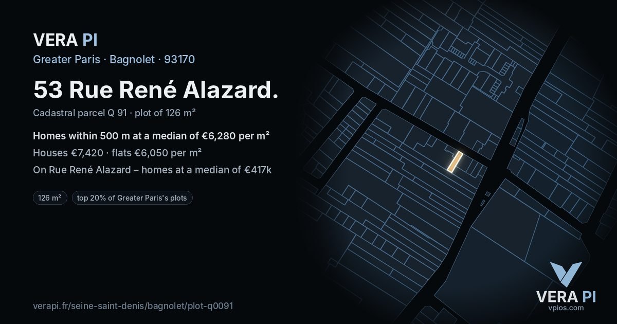 53 Rue René Alazard, Bagnolet at night – the plot lit, the parcels around coloured by the prices near them