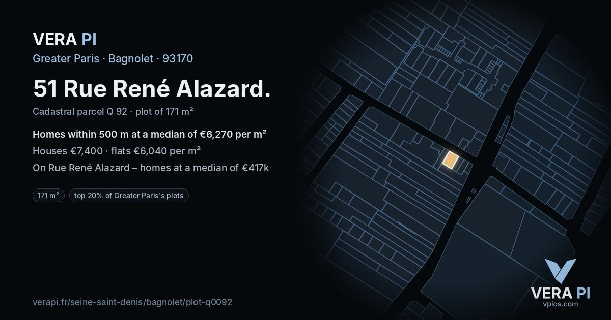 51 Rue René Alazard, Bagnolet at night – the plot lit, the parcels around coloured by the prices near them