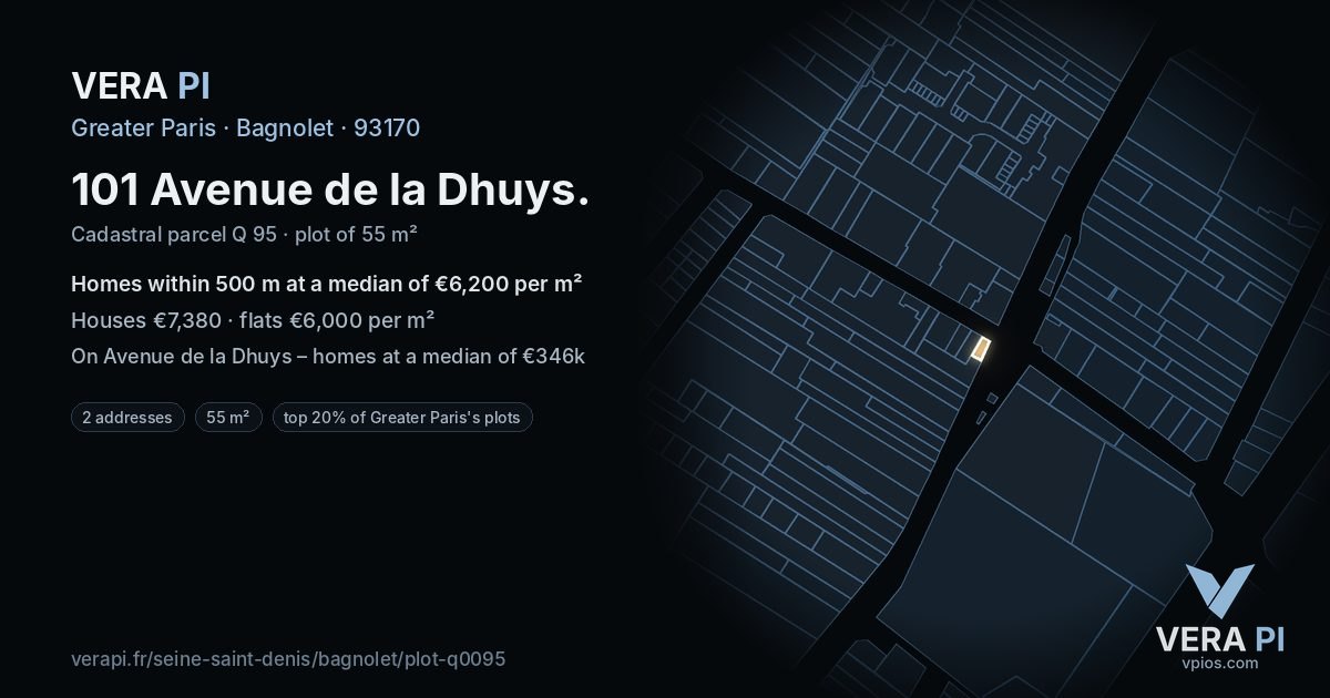 101 Avenue de la Dhuys, Bagnolet at night – the plot lit, the parcels around coloured by the prices near them
