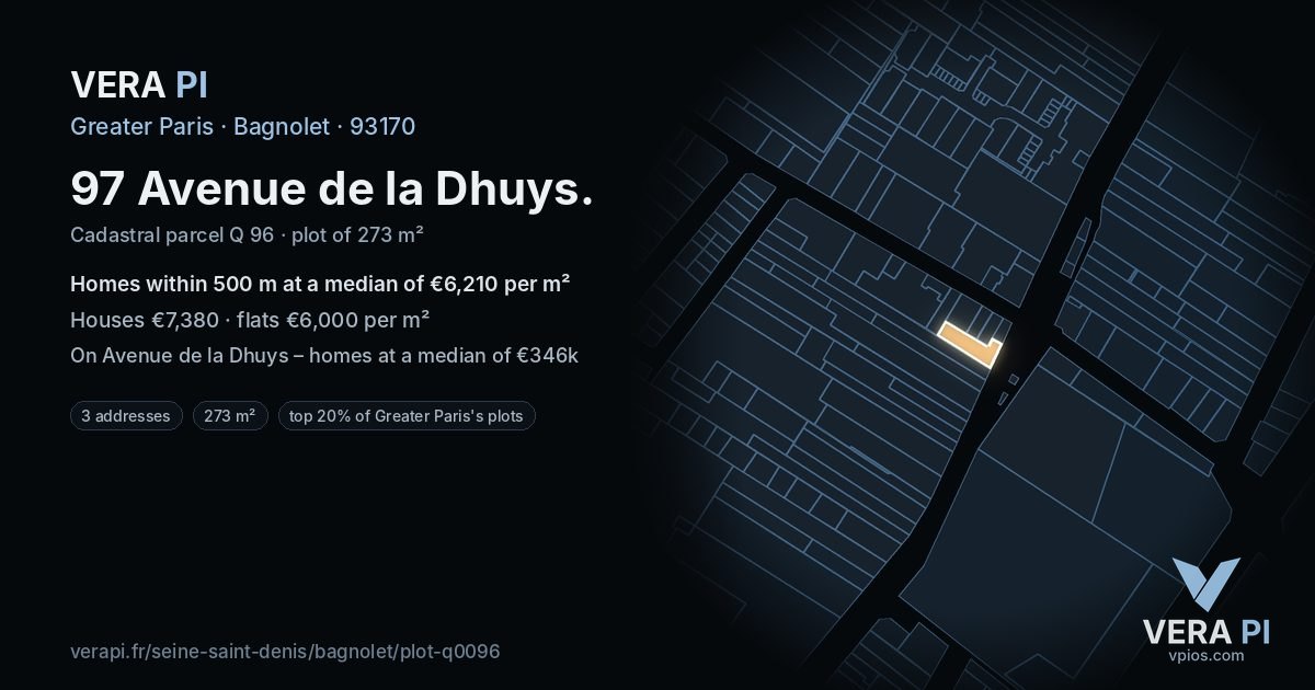 97 Avenue de la Dhuys, Bagnolet at night – the plot lit, the parcels around coloured by the prices near them