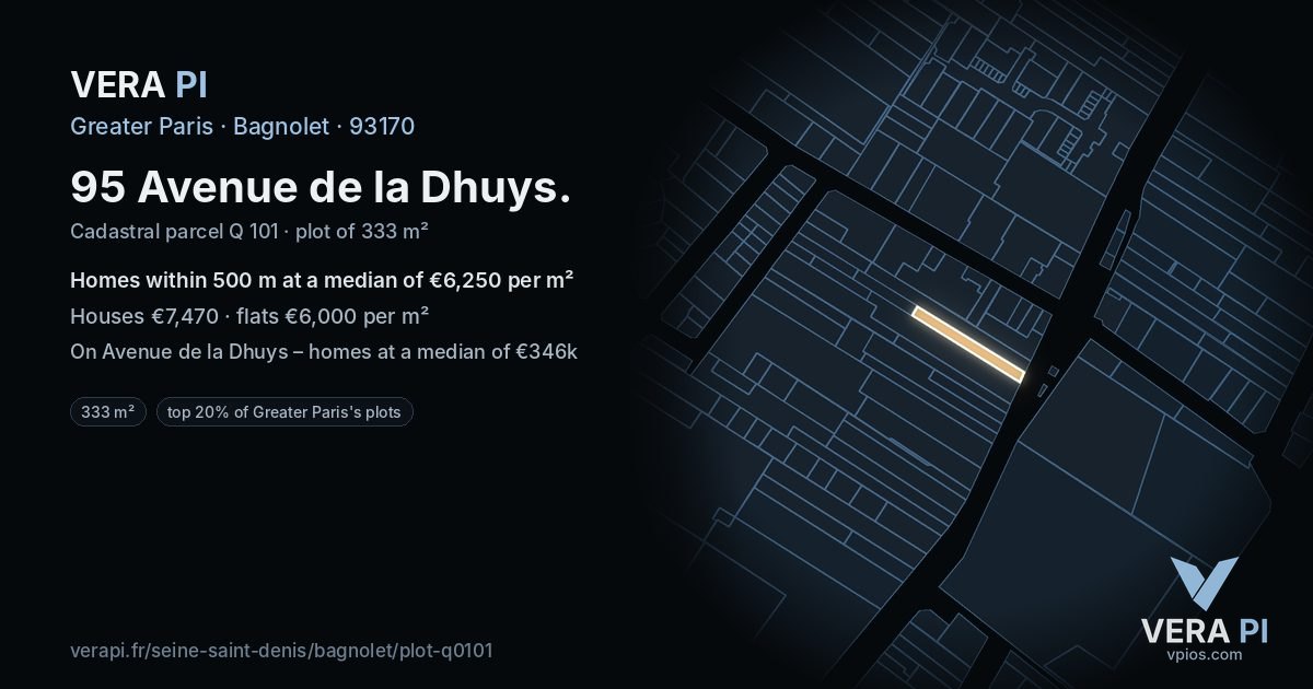 95 Avenue de la Dhuys, Bagnolet at night – the plot lit, the parcels around coloured by the prices near them