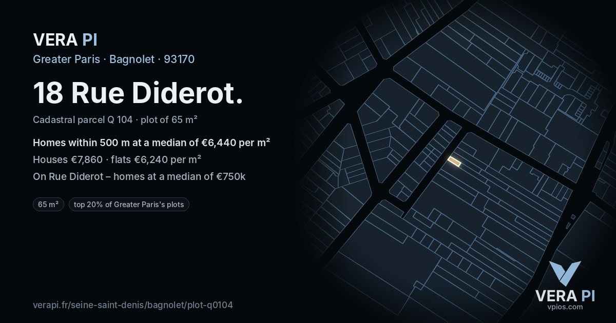 18 Rue Diderot, Bagnolet at night – the plot lit, the parcels around coloured by the prices near them