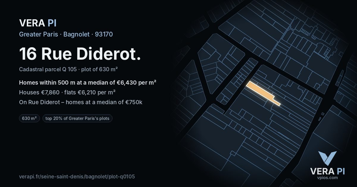 16 Rue Diderot, Bagnolet at night – the plot lit, the parcels around coloured by the prices near them