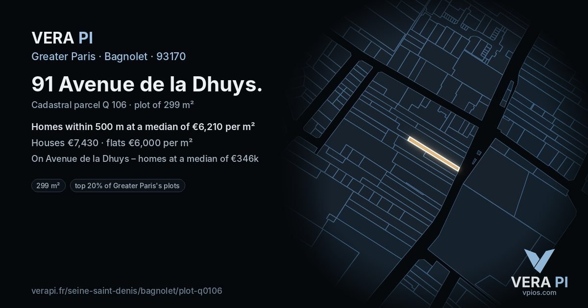 91 Avenue de la Dhuys, Bagnolet at night – the plot lit, the parcels around coloured by the prices near them