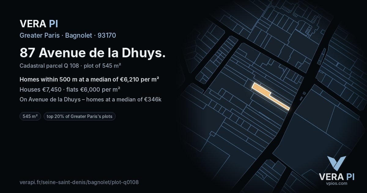 87 Avenue de la Dhuys, Bagnolet at night – the plot lit, the parcels around coloured by the prices near them