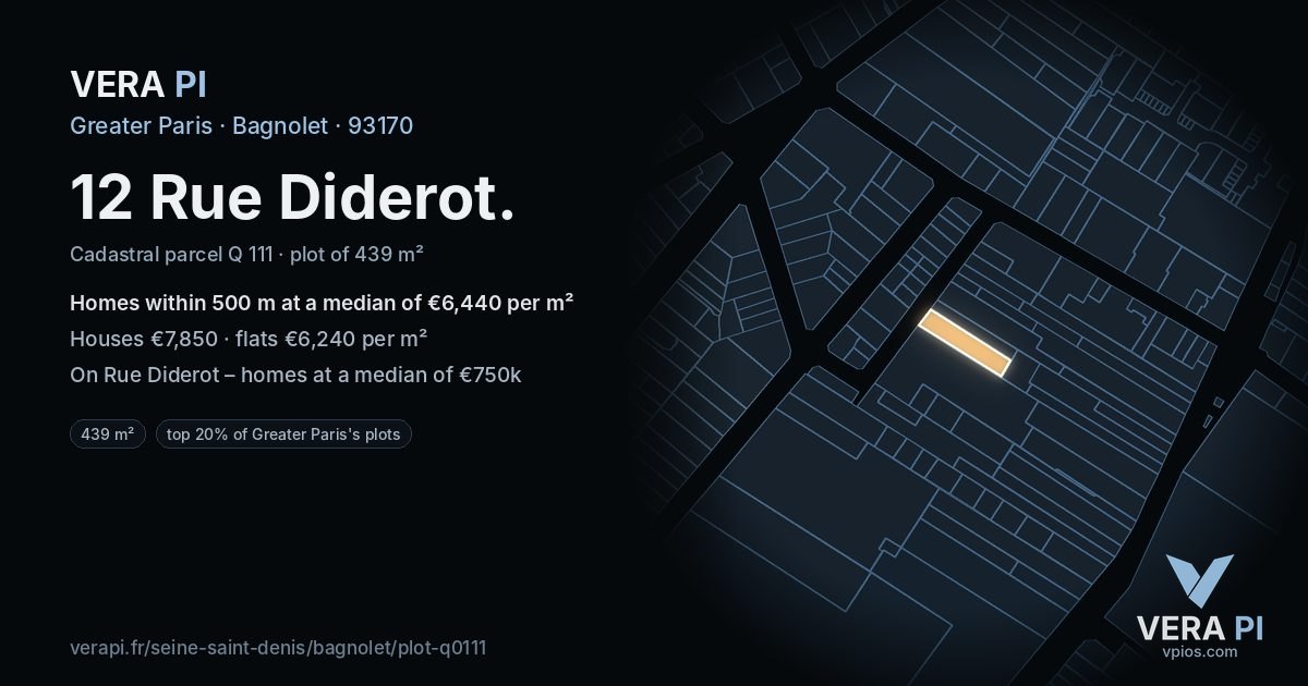 12 Rue Diderot, Bagnolet at night – the plot lit, the parcels around coloured by the prices near them