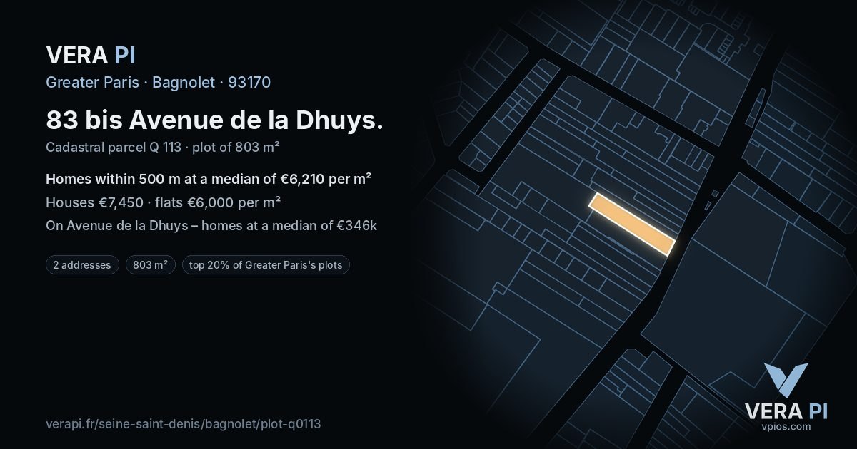 83 bis Avenue de la Dhuys, Bagnolet at night – the plot lit, the parcels around coloured by the prices near them