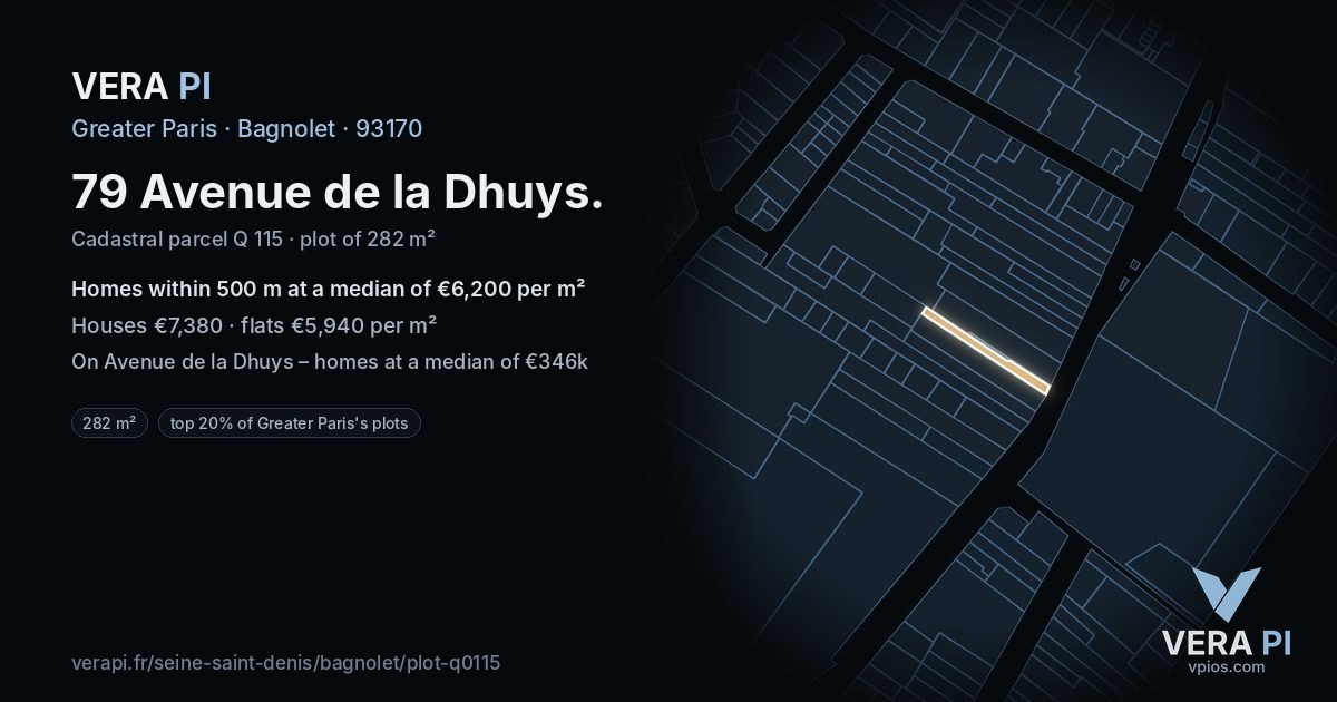 79 Avenue de la Dhuys, Bagnolet at night – the plot lit, the parcels around coloured by the prices near them