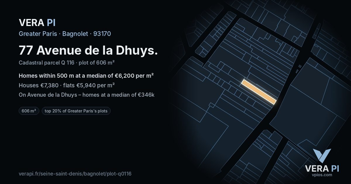 77 Avenue de la Dhuys, Bagnolet at night – the plot lit, the parcels around coloured by the prices near them