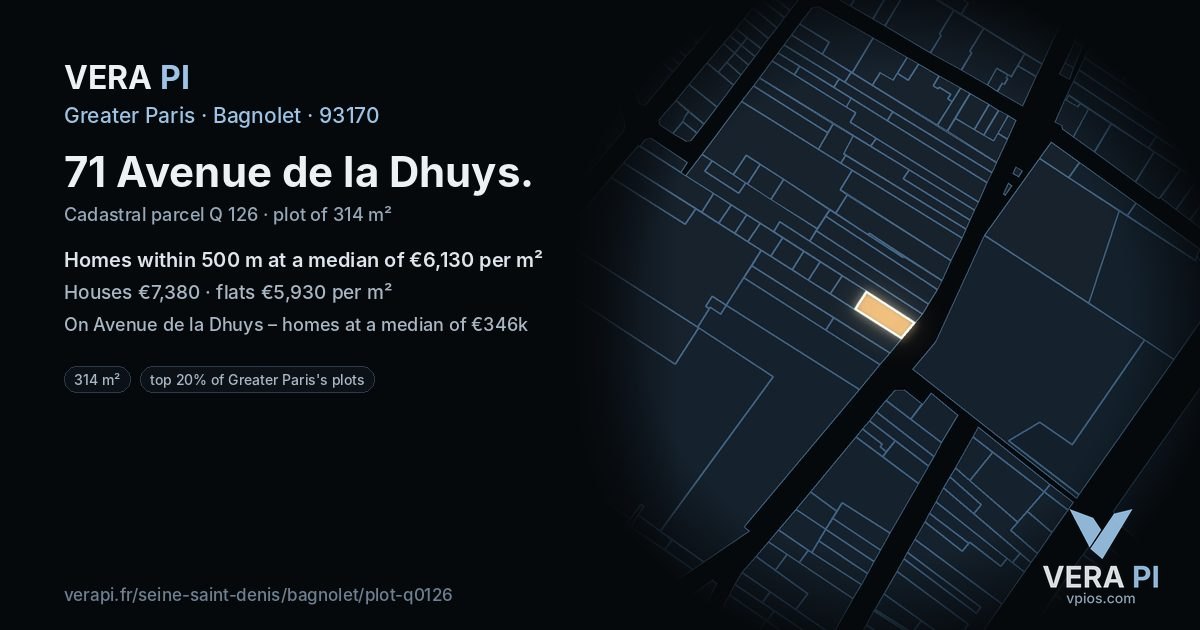 71 Avenue de la Dhuys, Bagnolet at night – the plot lit, the parcels around coloured by the prices near them