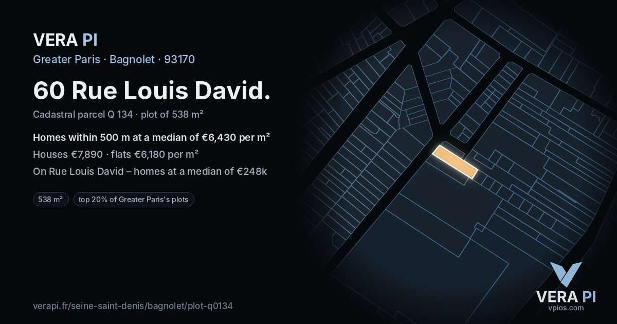 60 Rue Louis David, Bagnolet at night – the plot lit, the parcels around coloured by the prices near them
