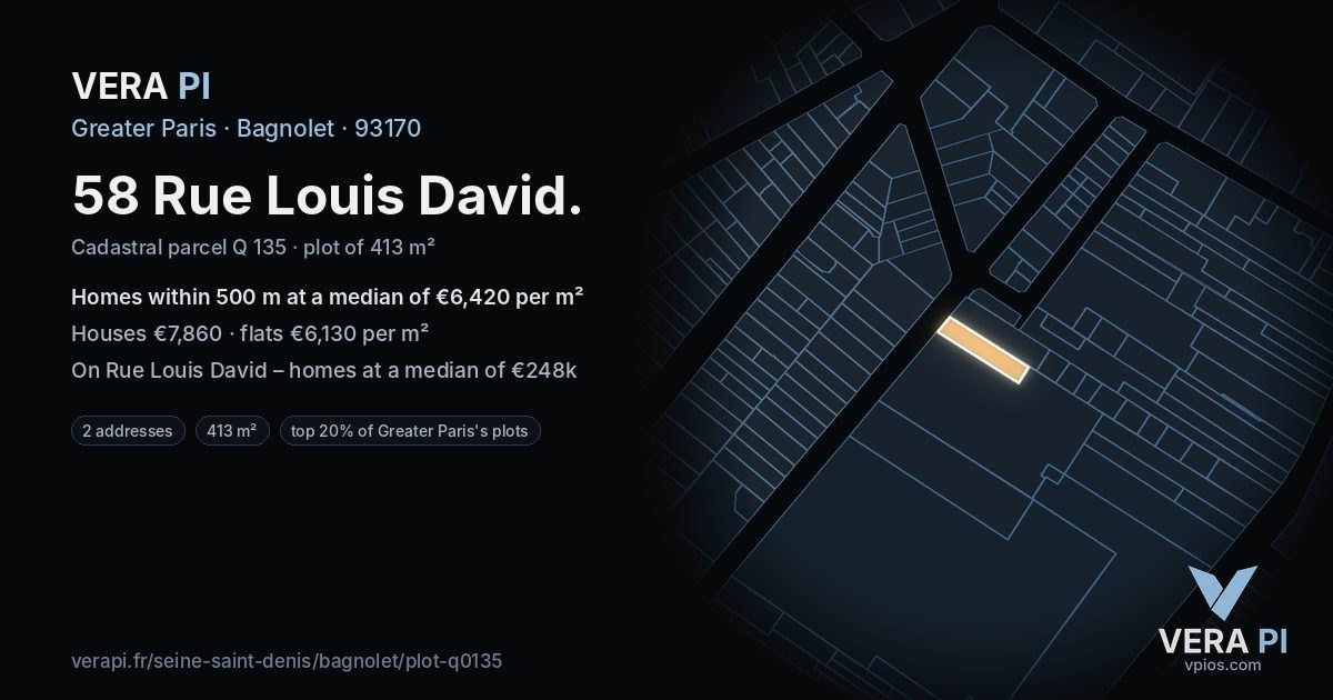 58 Rue Louis David, Bagnolet at night – the plot lit, the parcels around coloured by the prices near them