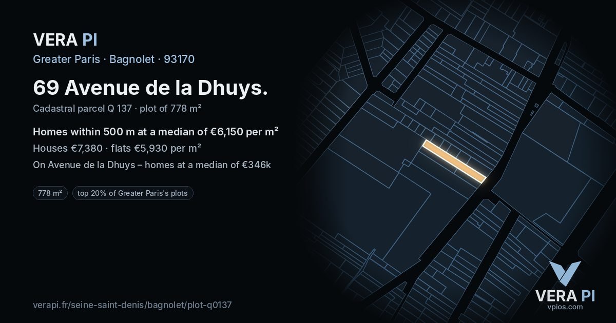 69 Avenue de la Dhuys, Bagnolet at night – the plot lit, the parcels around coloured by the prices near them