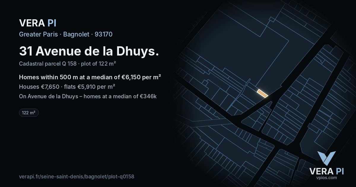 31 Avenue de la Dhuys, Bagnolet at night – the plot lit, the parcels around coloured by the prices near them