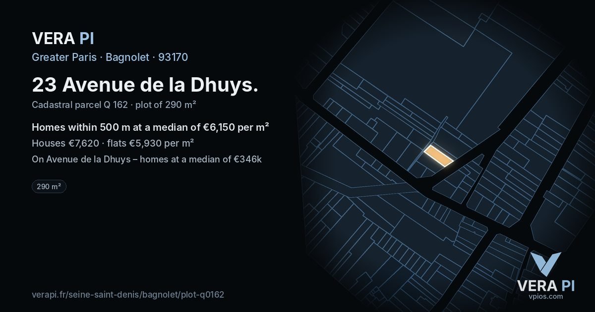 23 Avenue de la Dhuys, Bagnolet at night – the plot lit, the parcels around coloured by the prices near them