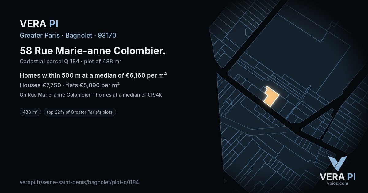 58 Rue Marie-anne Colombier, Bagnolet at night – the plot lit, the parcels around coloured by the prices near them