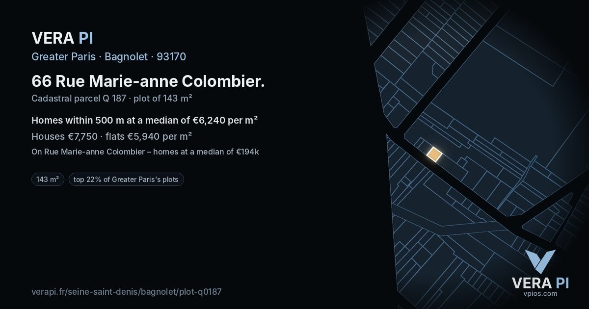 66 Rue Marie-anne Colombier, Bagnolet at night – the plot lit, the parcels around coloured by the prices near them