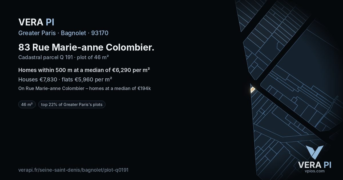 83 Rue Marie-anne Colombier, Bagnolet at night – the plot lit, the parcels around coloured by the prices near them