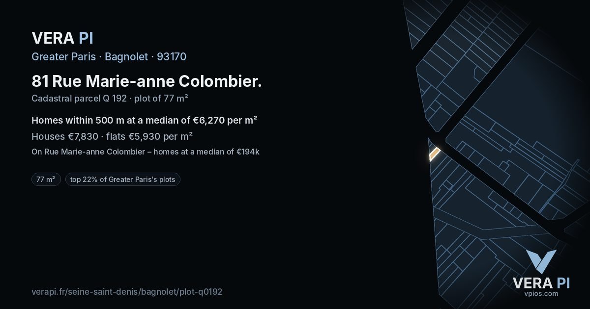 81 Rue Marie-anne Colombier, Bagnolet at night – the plot lit, the parcels around coloured by the prices near them