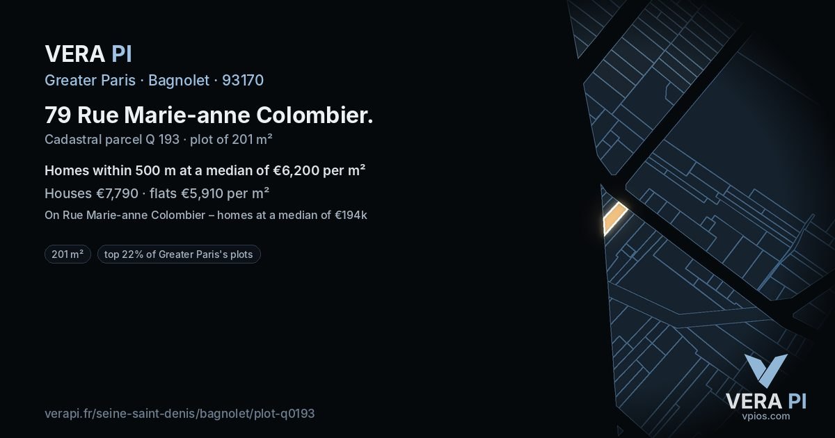 79 Rue Marie-anne Colombier, Bagnolet at night – the plot lit, the parcels around coloured by the prices near them