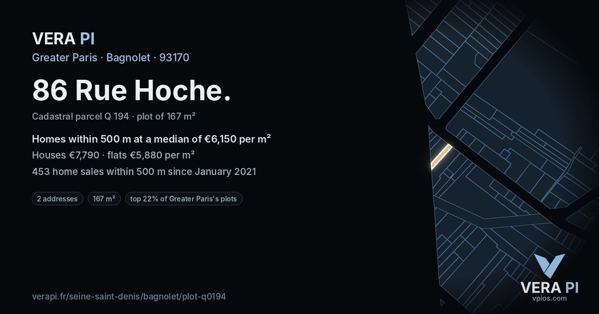86 Rue Hoche, Bagnolet at night – the plot lit, the parcels around coloured by the prices near them