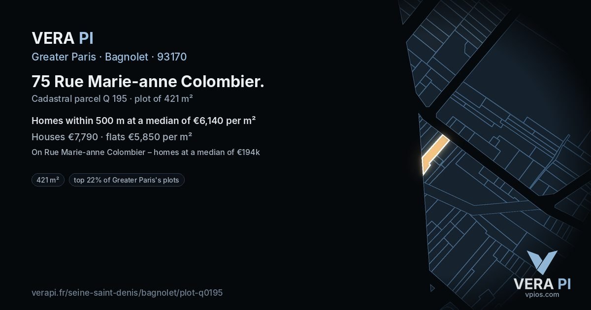75 Rue Marie-anne Colombier, Bagnolet at night – the plot lit, the parcels around coloured by the prices near them