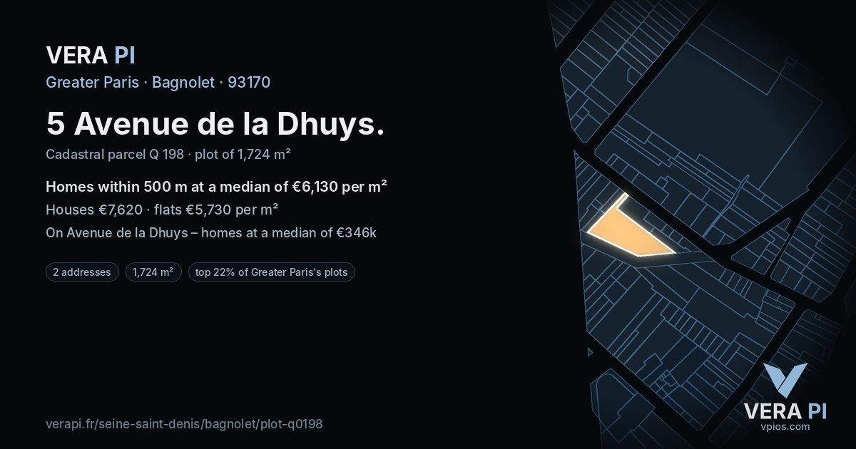 5 Avenue de la Dhuys, Bagnolet at night – the plot lit, the parcels around coloured by the prices near them