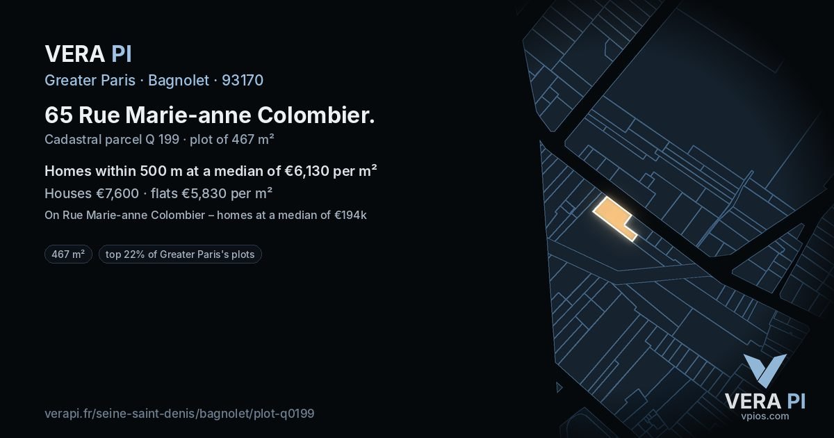 65 Rue Marie-anne Colombier, Bagnolet at night – the plot lit, the parcels around coloured by the prices near them