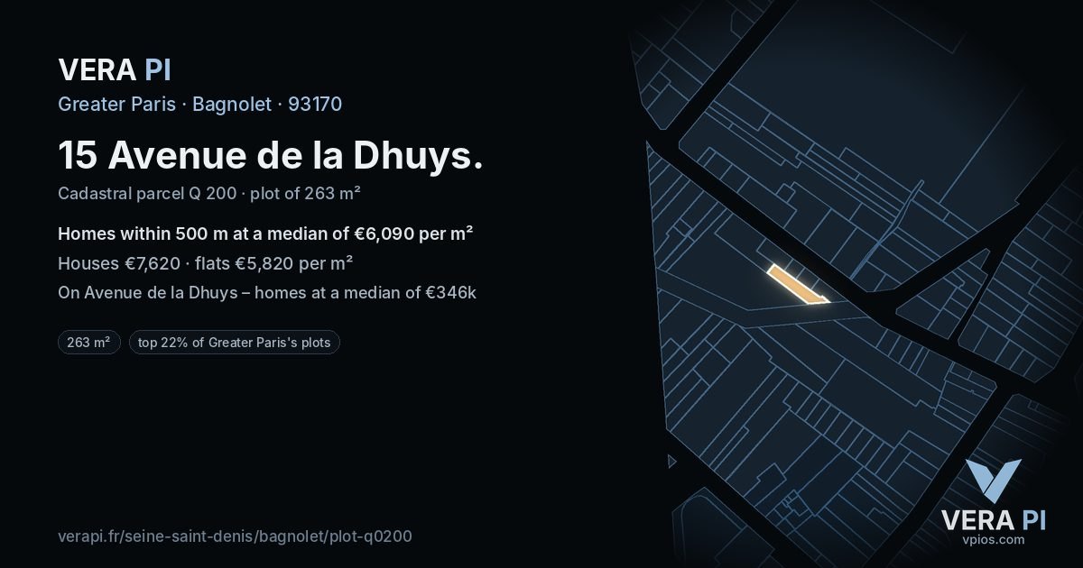 15 Avenue de la Dhuys, Bagnolet at night – the plot lit, the parcels around coloured by the prices near them