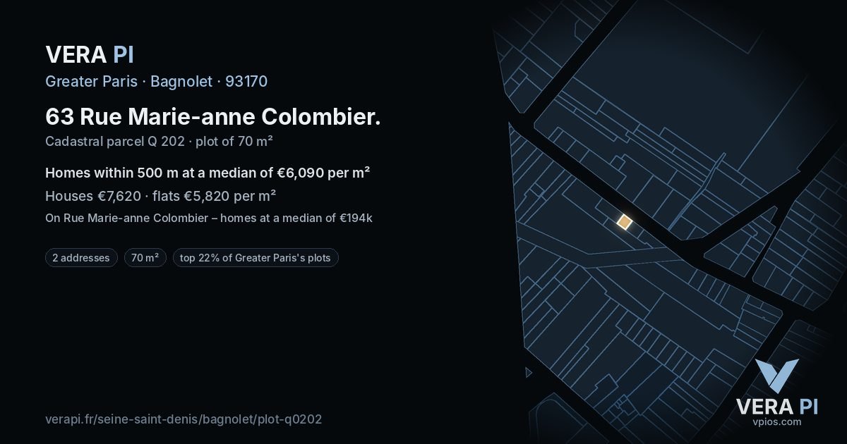 63 Rue Marie-anne Colombier, Bagnolet at night – the plot lit, the parcels around coloured by the prices near them