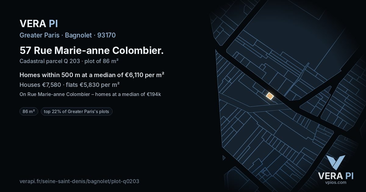 57 Rue Marie-anne Colombier, Bagnolet at night – the plot lit, the parcels around coloured by the prices near them