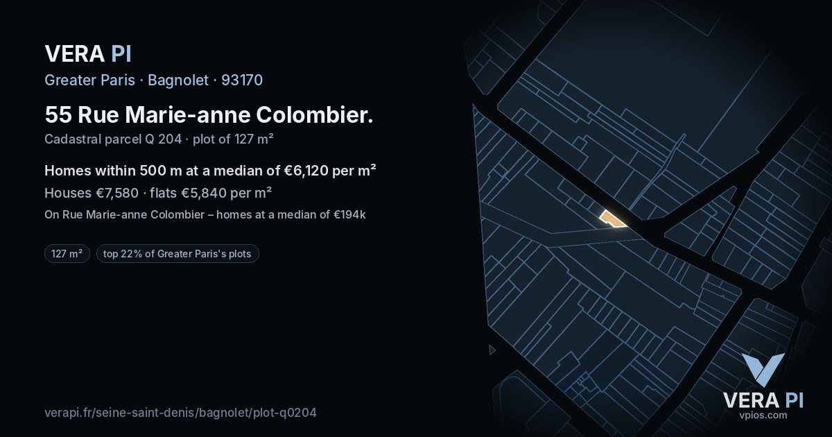 55 Rue Marie-anne Colombier, Bagnolet at night – the plot lit, the parcels around coloured by the prices near them