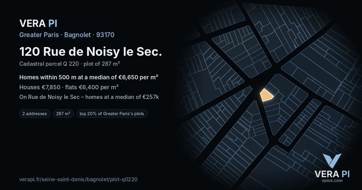 120 Rue de Noisy le Sec, Bagnolet at night – the plot lit, the parcels around coloured by the prices near them