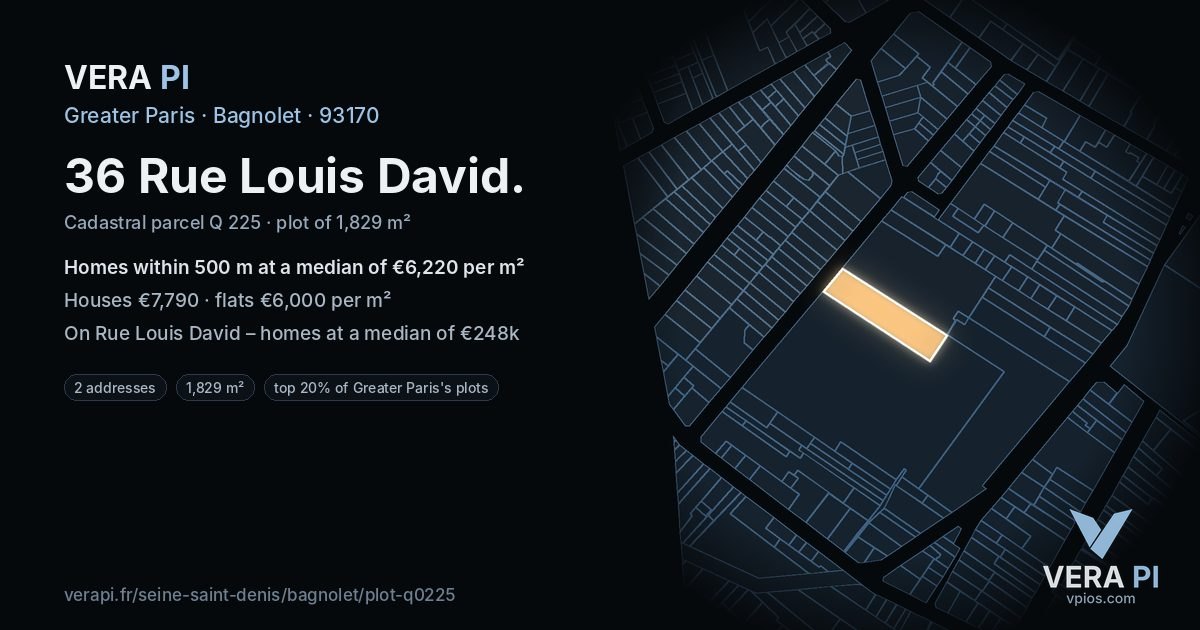 36 Rue Louis David, Bagnolet at night – the plot lit, the parcels around coloured by the prices near them